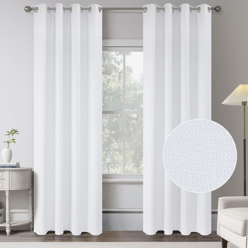 White Blackout Curtains 2 Panels Linen Textured Farmhouse 52x84 Drapes
